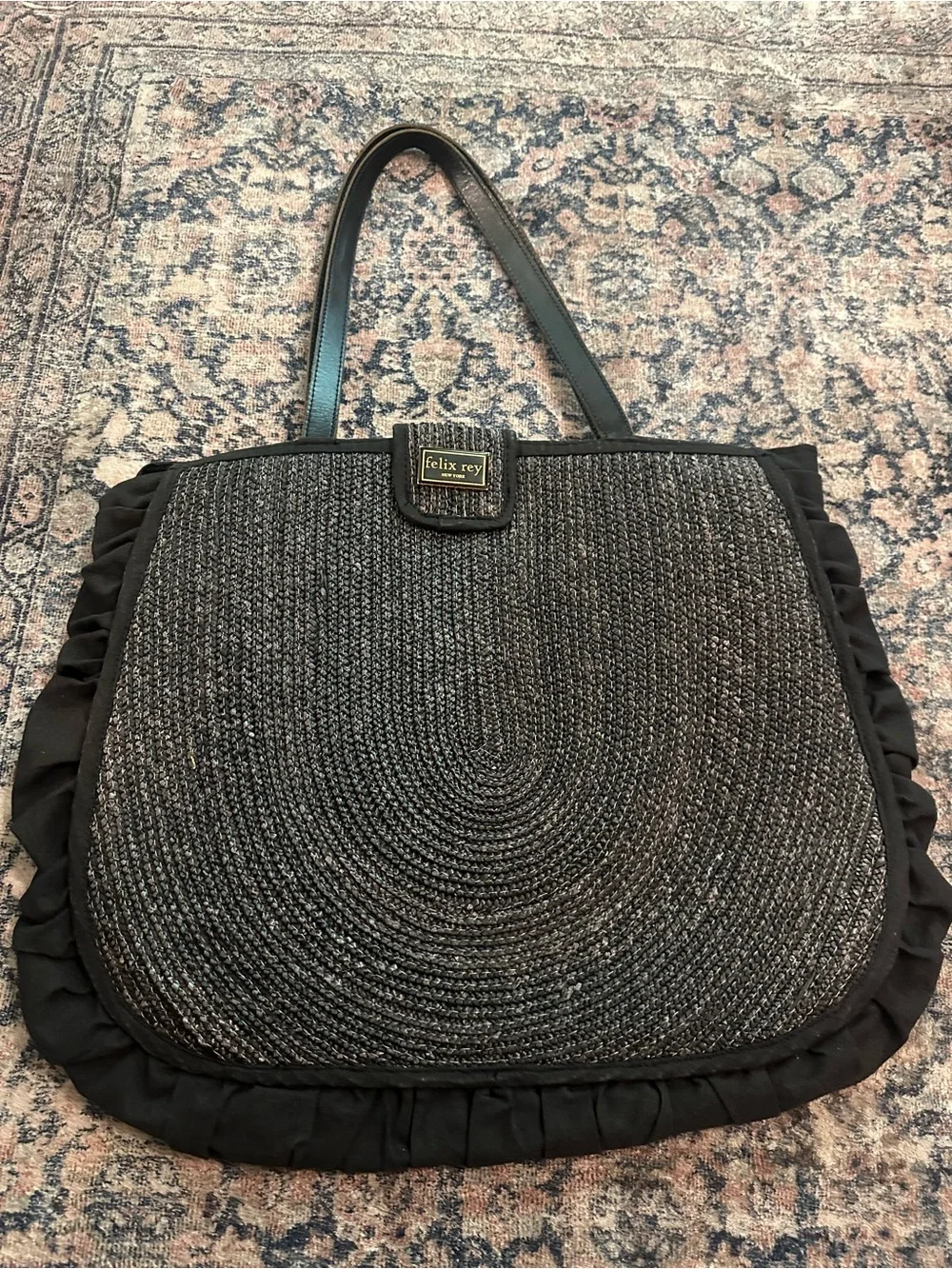 Felix Rey Black Fringe Straw Tote with Seashell Closure beach bag/tote bag